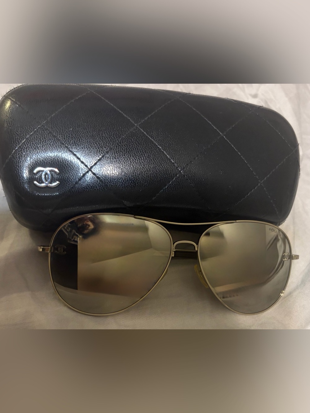 CHANEL Gold Aviator Sunglasses with Black Quilted Case